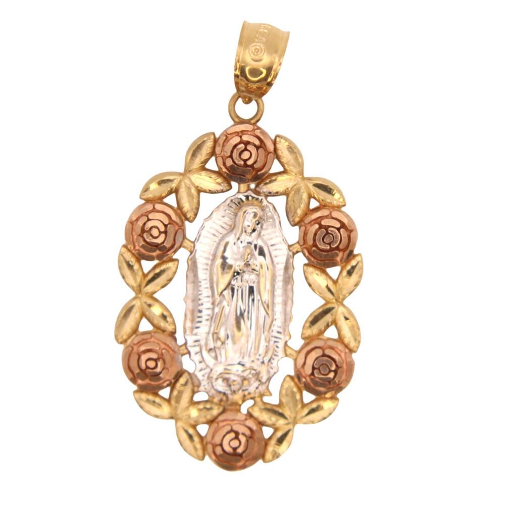 10kt Tri Gold Yellow White Rose Religious Virgin Mary Guadalupe Pendant